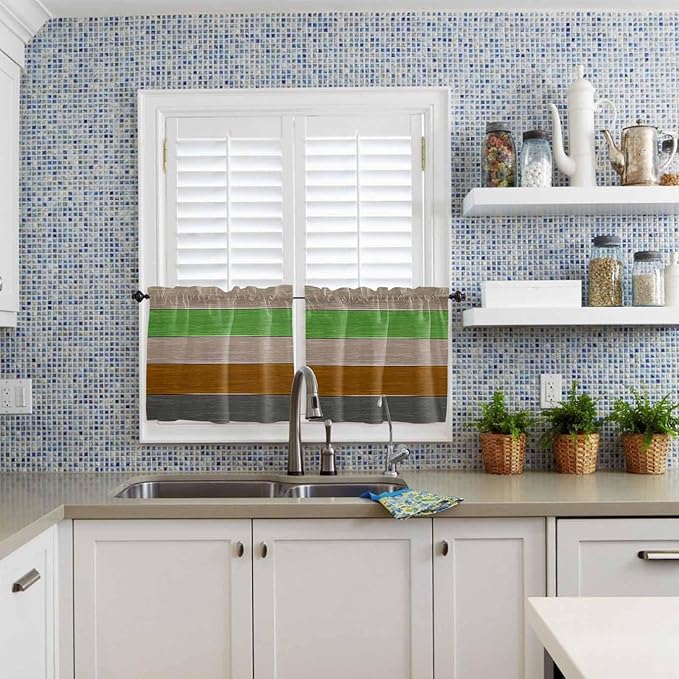 Farm Gray Green Brown Wood Grain Window Valance Curtains, Rustic Wooden Plank Light Filtering Kitchen Valance with 3-inch Rod Pocket for Living Room Bathroom Bedroom,2 Panel,27.5x36In