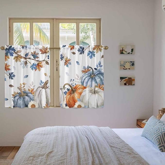Navy Blue Pumpkin Fall Kitchen Curtains 54 Inch Long 2 Panel Set,Rod Pocket Window Curtains Panels,Thanksgiving Maple Leaves Branches Light Filtering Privacy Draperies for Bedroom Laundry 42"W x 54"L