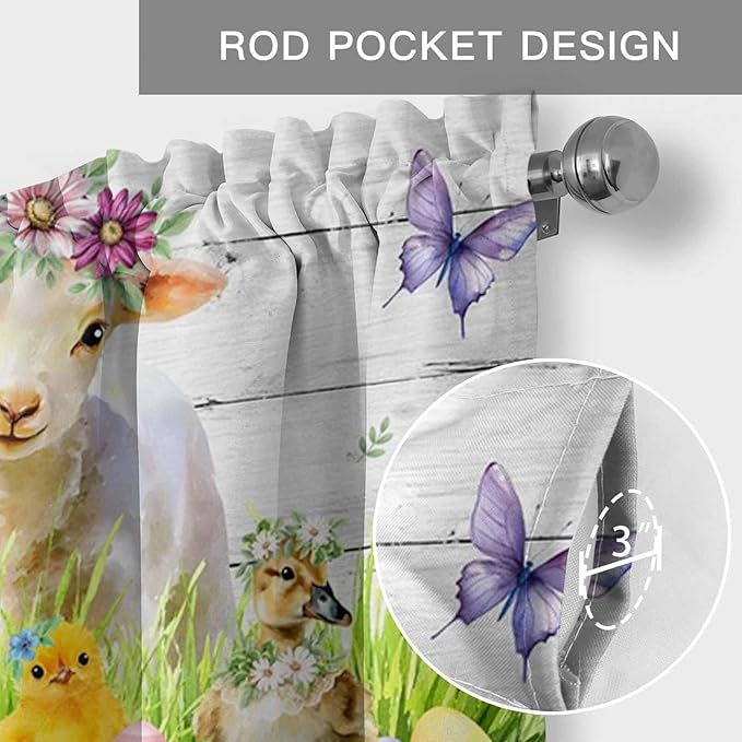 Easter Curtain Valances for Windows, Kitchen Valance Window Treatment, Spring Sheep Bunny Duck Plants Wooden Grain Light Filtering Block Curtains for Bathroom/Bedroom/Living Room 60'' x 18''