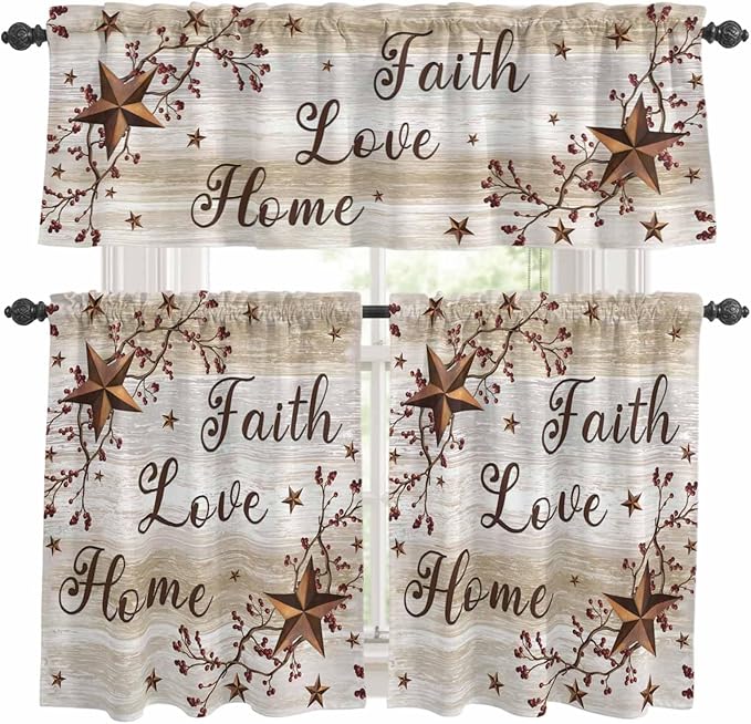Kitchen Curtains Tiers and Valance Set of 3, Texas Star Brown Light Filtering Window Curtain Set, Farmhouse Retro Branches Wooden Grain Rod Pocket Curtain Drapes for Cafe, Living Room, 36 Inches Tiers
