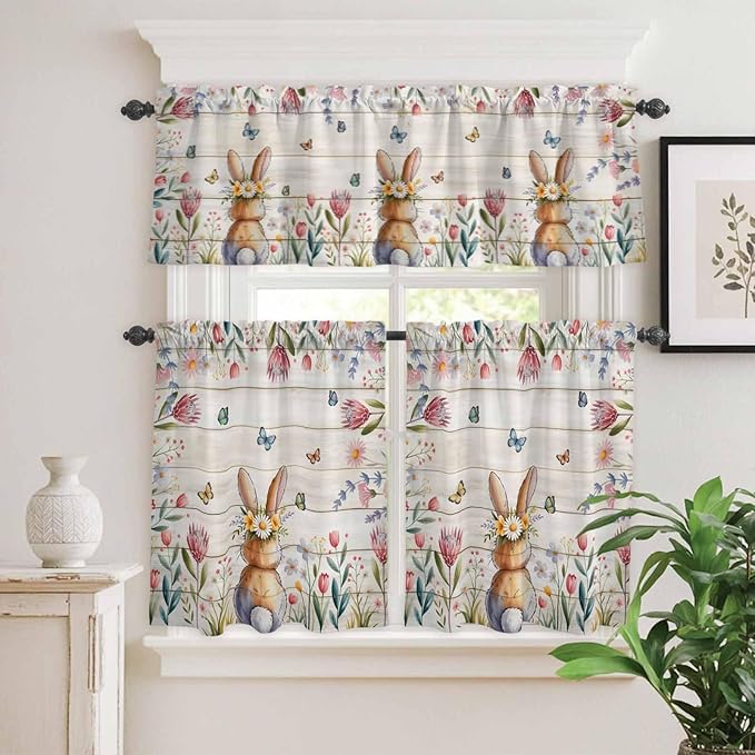 Kitchen Curtains Tiers and Valance Set of 3, Easter Light Filtering Window Curtain Set, Spring Bunny Butterfly Botanical Wooden Grain Rod Pocket Curtain Drapes for Cafe, Living Room, 24 Inches Tiers
