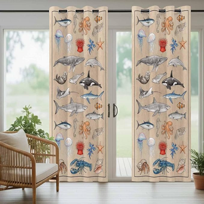 Vintage Outdoor Curtains for Patio Sharks Whales Lobsters Biographies Waterproof Outside Curtains with Grommet Top Weatherproof Curtain for Cabana Pergola Gazebo, 1 Panel, 54" W x 84" L