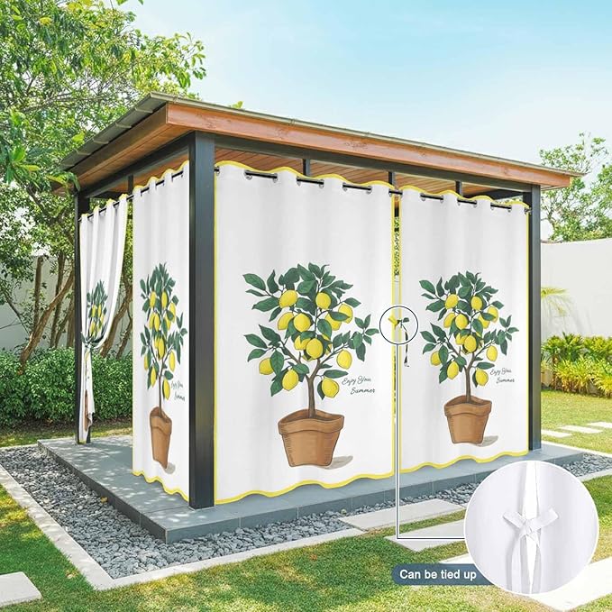 Lemons Outdoor Curtains for Patio Summer Fruit Lemon Tree Waterproof Outside Curtains with Grommet Top Weatherproof Curtain for Cabana Pergola Gazebo, 2 Pack, 54" W x 108" L