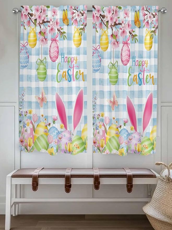 Happy Easter Bedroom Curtains 63 Inches length, Spring Watercolor Bunny Eggs Flower Blue Plaid Window Treatment Curtain Drapes, Rod Pocket Curtain Panels for Living Room Kitchen, 42"x63", 2 Panels