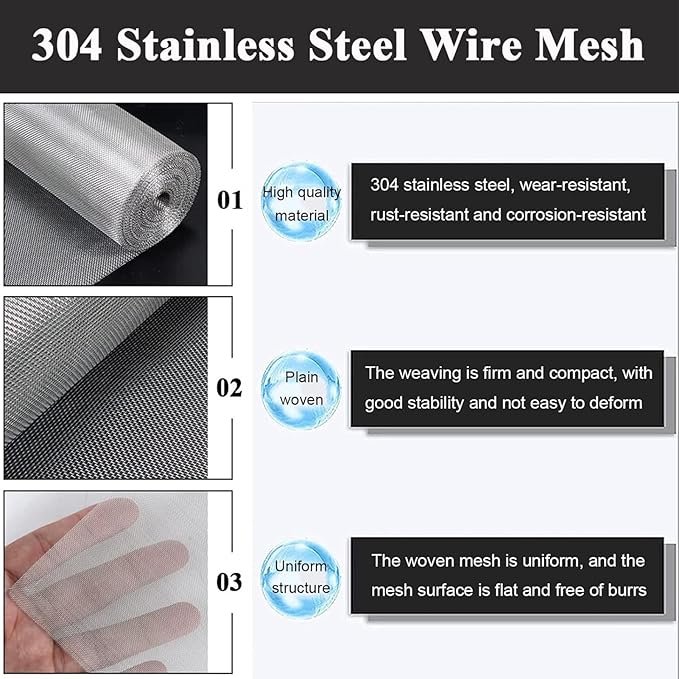 304 Stainless Steel Woven Wire Mesh, Metal Mesh Panel, 150 Mesh Ultra-Fine Filter Screen for Cabinet Ventilation & Window Screen Replacement, Wire Cloth, Insect Barrier