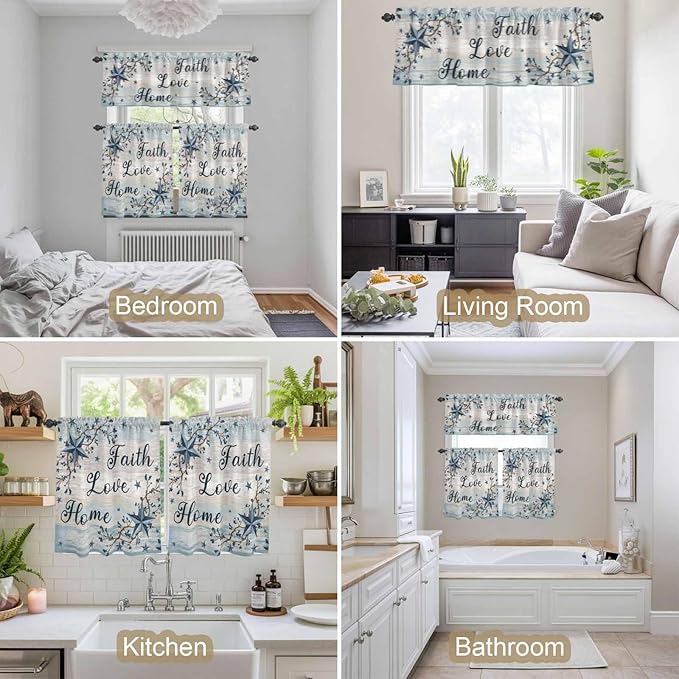 Vintage Farmhouse Kitchen Curtains Set 3 Piece for Windows, Rod Pocket Valance and Tier Set 36 Inch Length, Blue Country Texas Star Vines Wooden Light Filtering Cafe Curtains for Living Room Bathroom