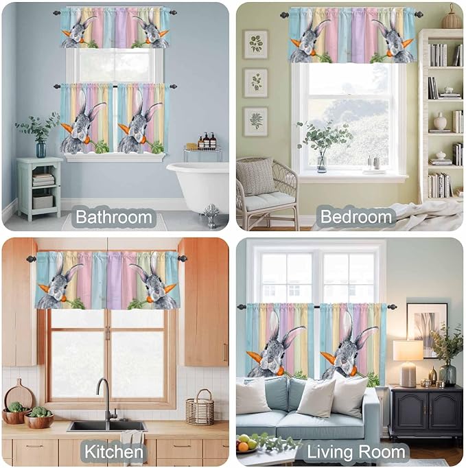 Easter Kitchen Curtain Set, Spring Grey Rabbit Carrots Colorful Wooden Plank Window Valance and Tiers 36" Length, Light Filtering Short Curtains Valance for Cafe Bathroom Bedroom 54"x18"