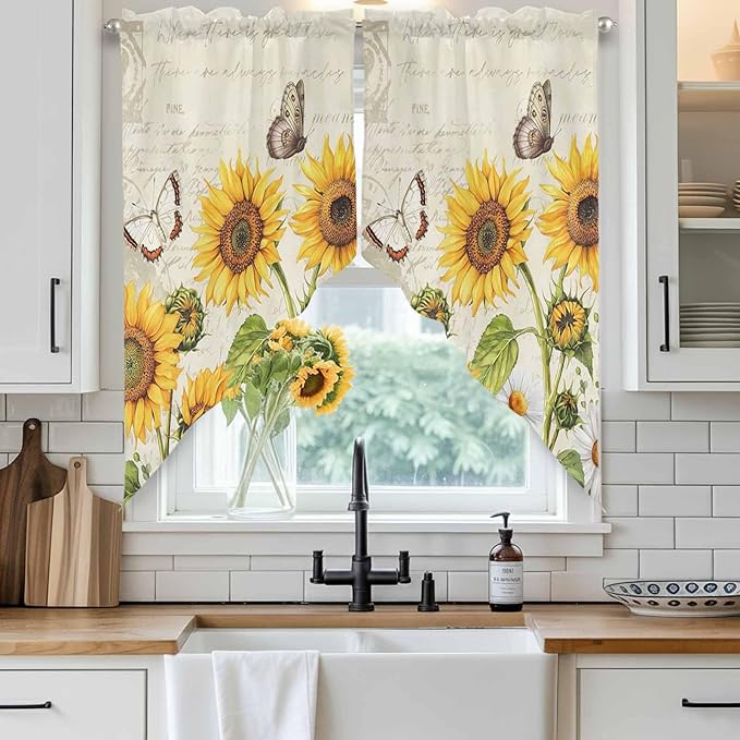 Farm Sunflowers Swag Valances for Windows, Retro Flowers Butterfly Botanical Beige Rod Pocket Kitchen Curtains Valance, Kitchen Window Curtains Swag for Cafe Bathroom Living Room, 2 Panels, 36x45 inch