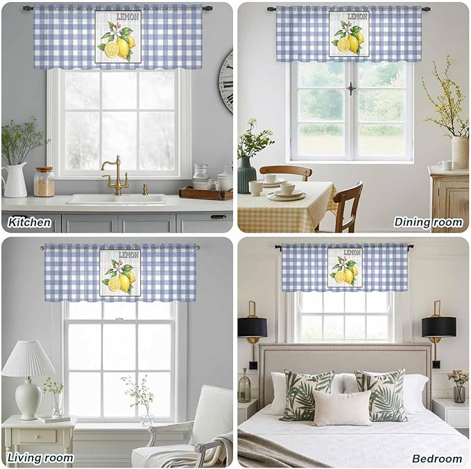 Lemon Sheer Valance Curtains, Summer Fruit Floral Wood Grain Blue Plaid Light Filtering Kitchen Valances Rod Pocket Voile Curtain Window Treatment for Bedroom/Living Room/Basement 54Wx18L