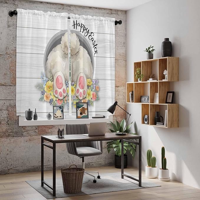 Easter Bunny Window Curtains 63 Inch Long 2 Panel Set,Rod Pocket Bedroom Curtains & Drapes,3D Optical Illusion Farmhouse Flower Wood Grain Light Filtering Window Treatment for Living Room 42"W x 63"L