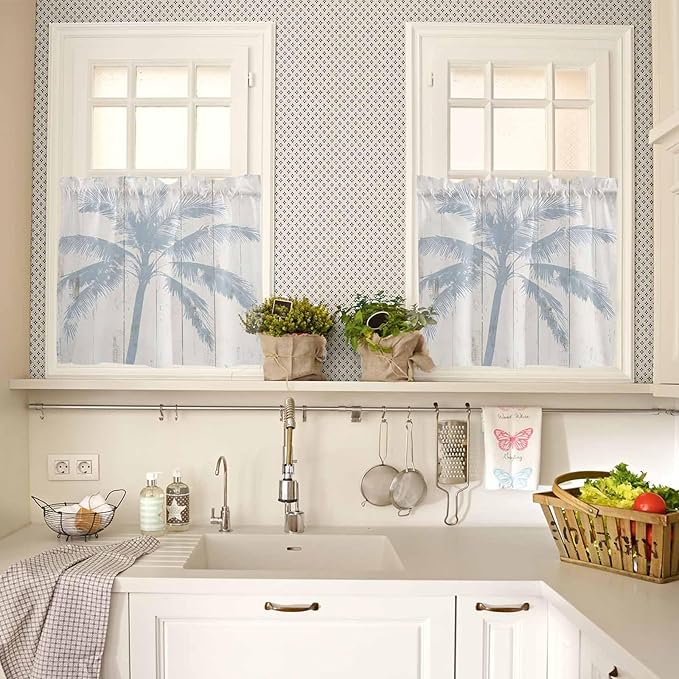 Summer Coconut Tree on Vintage Wood Grain Window Valance Curtains, Seaside Plants Light Filtering Kitchen Valance with 3-inch Rod Pocket for Living Room Bathroom Bedroom,2 Panel,27.5x24In