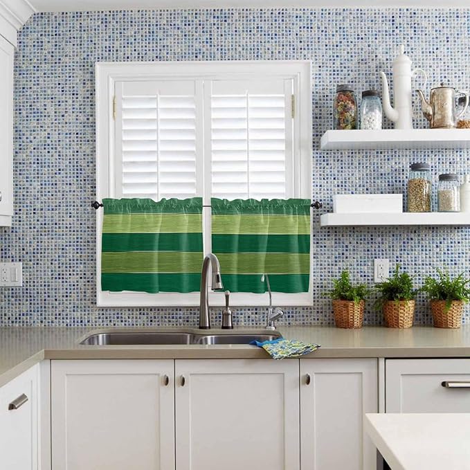 Farm Retro Green Wood Grain Window Valance Curtains, Rustic Wooden Plank Texture Light Filtering Kitchen Valance with 3-inch Rod Pocket for Living Room Bathroom Bedroom,2 Panel,27.5x24In