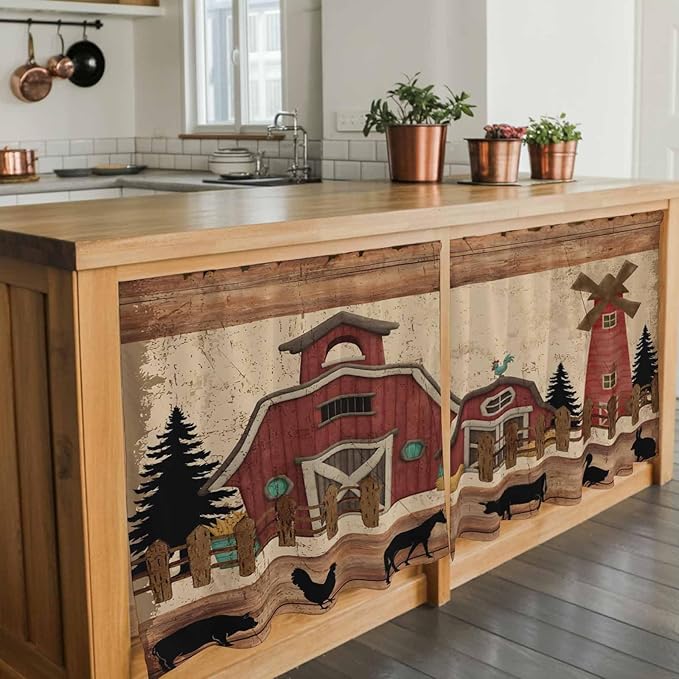Brown Farmhouse Tier Curtains, Vintage Country Animals Wooden Grain Light Filtering Kitchen Curtains, 2Pcs Rod Pocket Half Window Treatments Panels for Sink Cafe Cabinet Camper 27.5x36 Inches