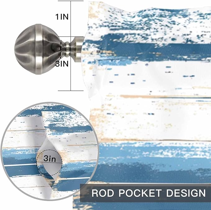 Vintage Blue Valances for Windows, Brown Wood Grain Mottled Texture Abstract Art Kitchen Valance Light Filtering Rod Pocket Short Curtains for Kitchen Bathroom, 1 Panel, 54"x18"
