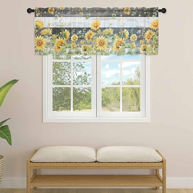 Summer Floral Sheer Valance Curtains, Watercolor Sunflower Eucalyptus Leaves Black Wood Grain Light Filtering Kitchen Valances Rod Pocket Voile Curtain for Bedroom/Living Room/Basement 42Wx12L