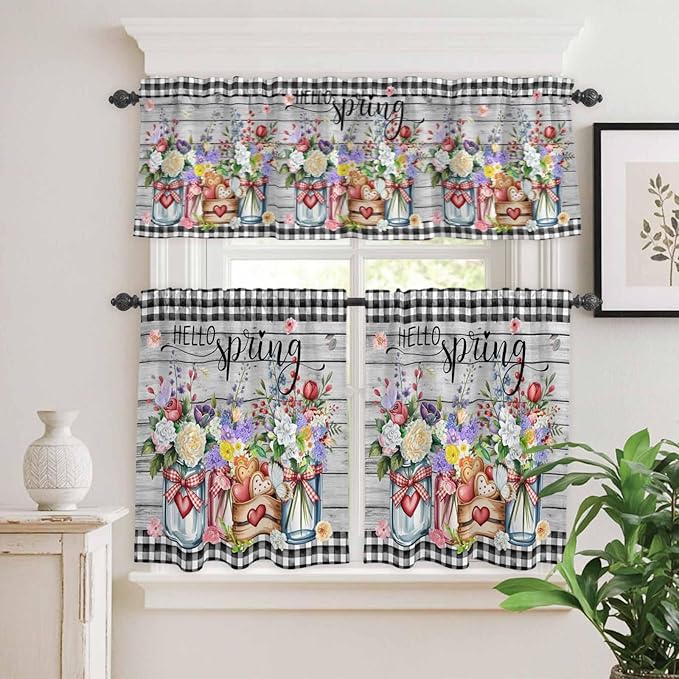 Kitchen Curtains Tiers and Valance Set of 3, Spring Flowers Light Filtering Window Curtain Set, Farmhouse Black Plaid Wood Grain Rod Pocket Curtain Drapes for Cafe, Living Room, 24 Inches Tiers