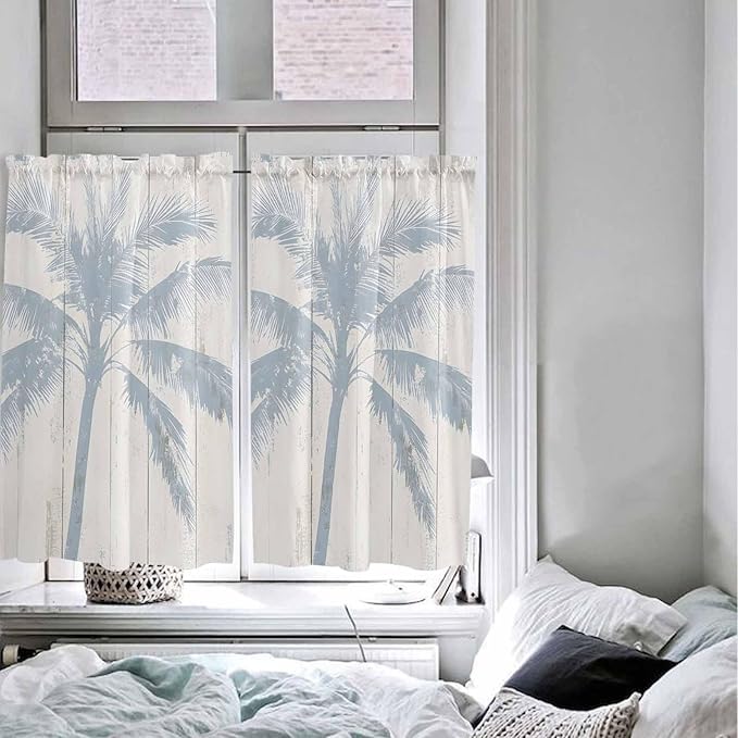 Summer Coconut Tree on Vintage Wood Grain Window Valance Curtains, Seaside Plants Light Filtering Kitchen Valance with 3-inch Rod Pocket for Living Room Bathroom Bedroom,2 Panel,42x54In