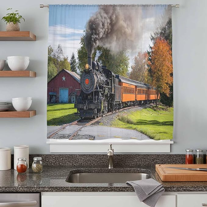 Steam Train Sheer Curtains 84 Inch Length Railroad Country Barn Rustic Trees Farmhouse Chiffon Curtain for Bedroom Living Room Light Filtering Rod Pocket Window Treatments Voile Curtains Drapes