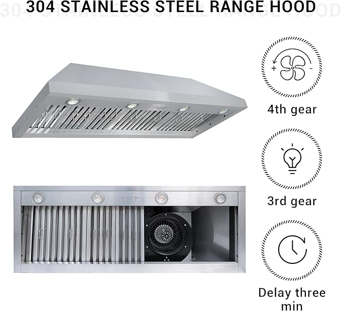 CHETTO C Stainless Steel Range Hood Cover with 4-Speed Vent Hood Insert Custom Handcrafted Metal Kitchen Fan with Towel Rack LED Light 48"W x24"D x33"H White Wall Mount