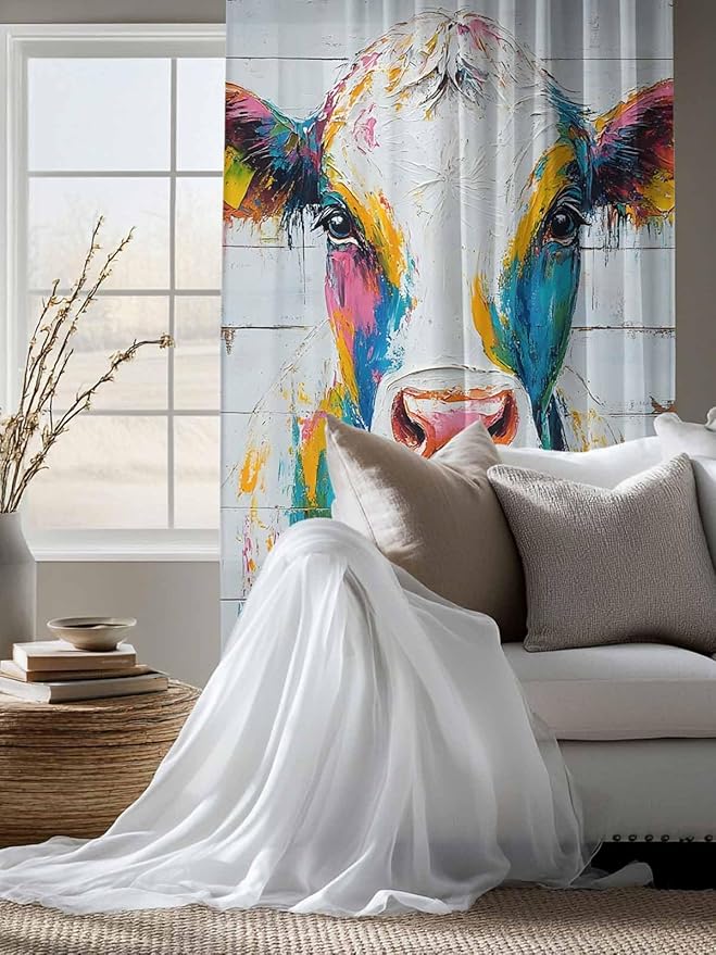 Sheer Curtains 72 Inches Long, Farmhouse Oil Painting Semi Sheer Curtains Light Filtering Window Treatment, Colorful Cow Animal Wooden Grain Privacy Voile Drapes for Living Room Bedroom 52x72 Inch