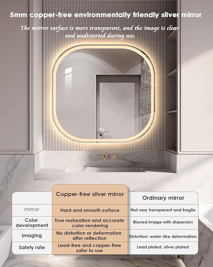 JSLJDM 500X500 mm Illuminated Backlit LED Bathroom Mirror, Wall Mounted Multifunction Bathroom Vanity Mirror with Lights and Demister Pad, Energy-Saving Illuminated Smart Mirror 60cm tricolorlight