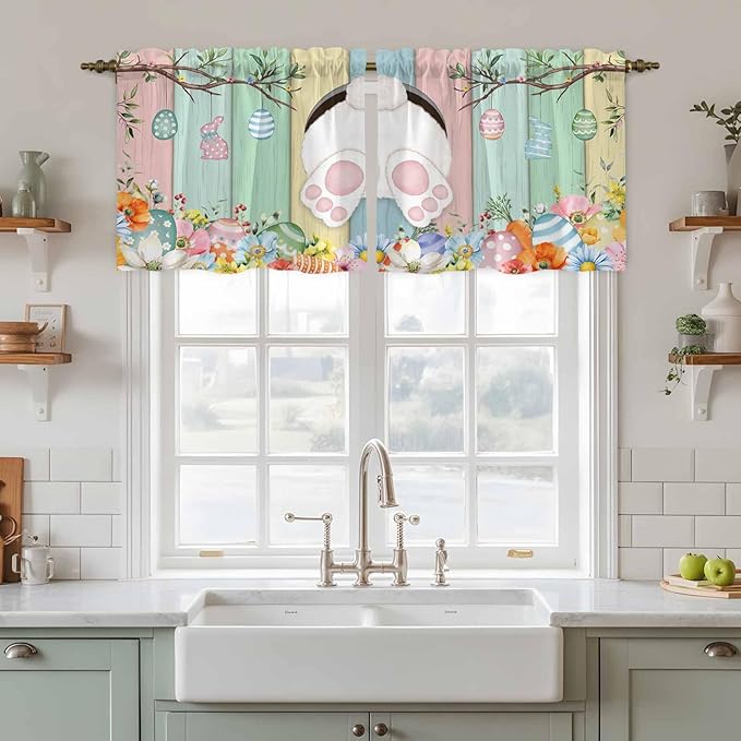 Easter Kitchen Tier Curtains 24 Inch Long 2 Panel Set,Rod Pocket Cafe Small Window Curtains Over Sink,Spring Colorful Bunny Eggs Flower Wood Grain Light Filtering Short Drapes 27.5"W x 24"L