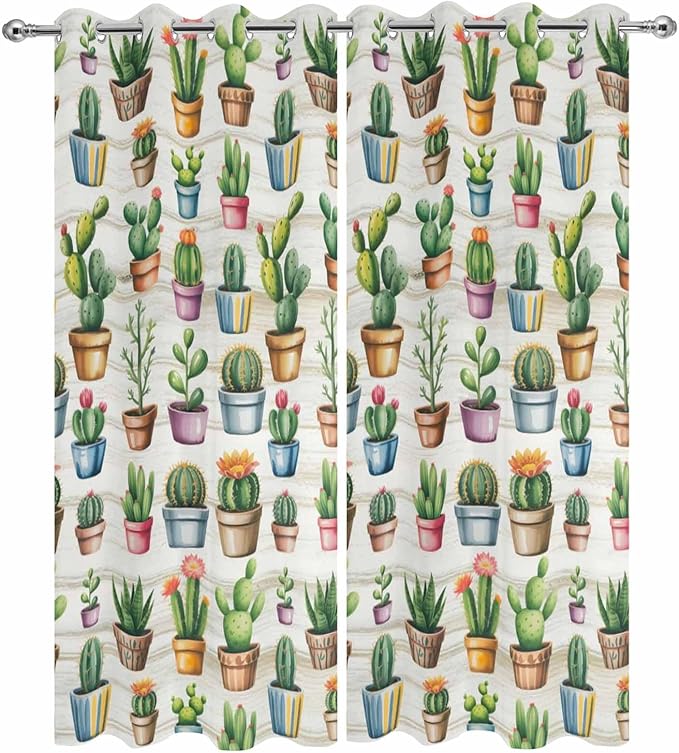 Summer Cactus Outdoor Curtains for Patio Cactus Tropical Plant Wooden Waterproof Outside Curtains with Grommet Top Weatherproof Curtain for Cabana Pergola Gazebo, 2 Pack, 54" W x 108" L