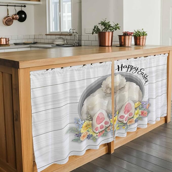 Easter Bunny Kitchen Tier Curtains 24 Inch Long 2 Panel Set,Rod Pocket Cafe Small Window Curtains Over Sink,3D Optical Illusion Farmhouse Flower Wood Grain Light Filtering Short Drapes 27.5"W x 24"L