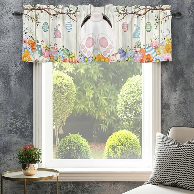 Easter Curtain Valances for Windows, Kitchen Valance Window Treatment, Spring Farmhouse Watercolor Bunny Eggs Wood Grain Light Filtering Block Curtains for Bathroom/Bedroom/Living Room 60'' x 18''