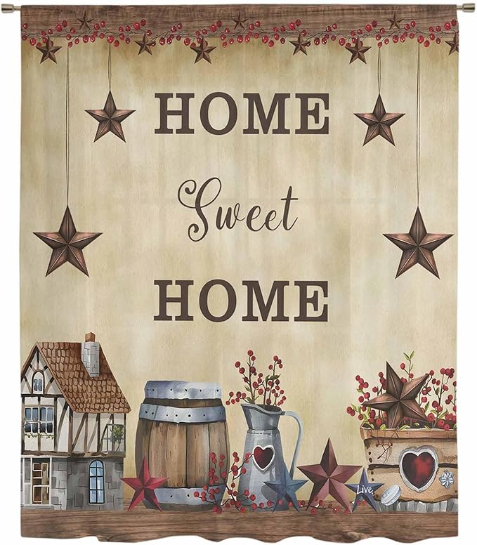 Farm Sheer Curtains 54 Inch Length American Country Barn Star Vintage Berry Brown Chiffon Curtain for Bedroom Living Room Light Filtering Rod Pocket Window Treatments Voile Curtains Drapes for Kitchen