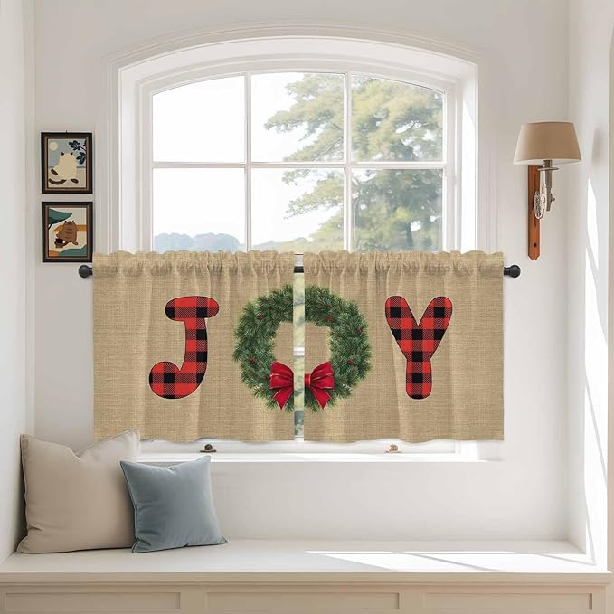 Red Green Christmas Kitchen Tier Curtains 36 Inch Long 2 Panel Set,Rod Pocket Half Window Curtains Over Sink,Xmas Botanical Winter Farmhouse Short Drapes for Bathroom Cafe 27.5"W x 36"L