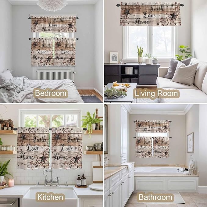 Kitchen Curtains Tiers and Valance Set of 3, Rustic Star Brown Light Filtering Window Curtain Set, Vintage Plants Berry Wooden Grain Rod Pocket Curtain Drapes for Cafe, Living Room, 24 Inches Tiers