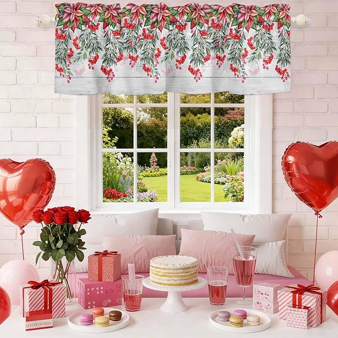 Poinsettia Berry Valance Curtains for Kitchen, Red Floral Winter Plants Vintage Wood Grain Privacy Rod Pocket Valance Curtain, Light-Filtering Window Treatment for Bedroom Bathroom, 42"x12"