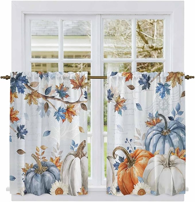 Fall Blue Maple Kitchen Curtains 45 Inch Long 2 Panel Set, Rod Pocket Window Treatment, Thanksgiving Pumpkins Daisy Country Leaves Light Filtering Panels Short Drapes for Bathroom Camper 42"W x 45"L