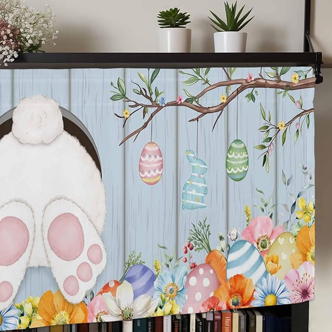 Easter Curtain Valances for Windows, Kitchen Valance Window Treatment, Spring Watercolor Bunny Eggs Flower Wood Grain Blue Light Filtering Block Curtains for Bathroom/Bedroom/Living Room 54'' x 18''