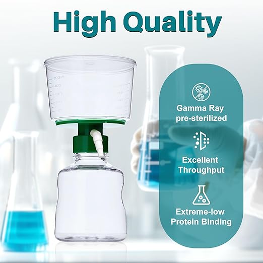 500ml Vacuum Filtration System, Disposable Sterile Vacuum Filter Units with PES Membrane, 0.22μm Pore Size, 90mm Diameter for Laboratory, Chemistry, Graduated, Individually Wrapped, Pack of 12