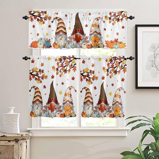 Fall Kitchen Curtain Set, Orange Yellow Thanksgiving Maple Leaf Gnomes Pumpkin Window Valance and Tiers 36" Length, Light Filtering Short Curtains Valance for Cafe Bathroom Bedroom 54"x18"