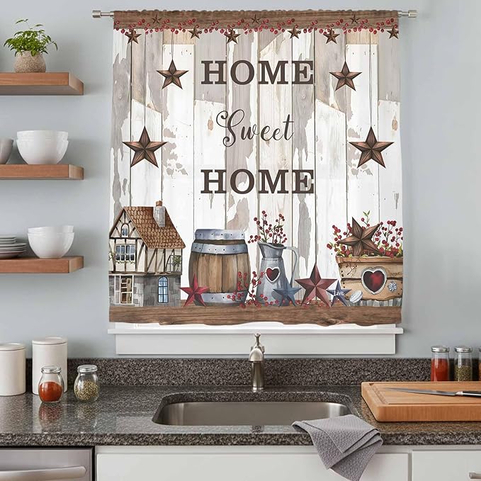 Farmhouse Sheer Curtains 45 Inch Length Retro Country Star Berry Vintage Wood Grain Chiffon Curtain for Bedroom Living Room Light Filtering Window Treatments Voile Curtains Drapes for Kitchen