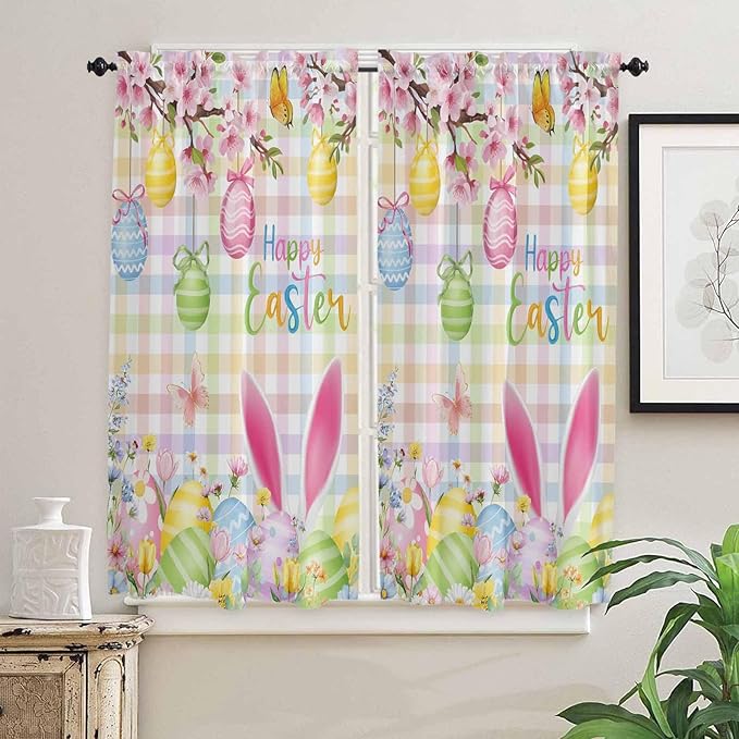 Happy Easter Bedroom Curtains 63 Inches length, Spring Bunny Colorful Eggs Flower Plaid Window Treatment Curtain Drapes, Rod Pocket Curtain Panels for Living Room Kitchen, 42"x63", 2 Panels