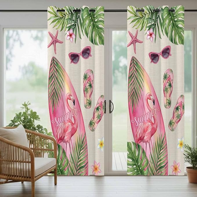 Summer Flamingbirds Outdoor Curtains for Patio Palm Leaves Plumeria Linen Waterproof Outside Curtains with Grommet Top Weatherproof Curtain for Cabana Pergola Gazebo, 2 Pack, 54" W x 108" L