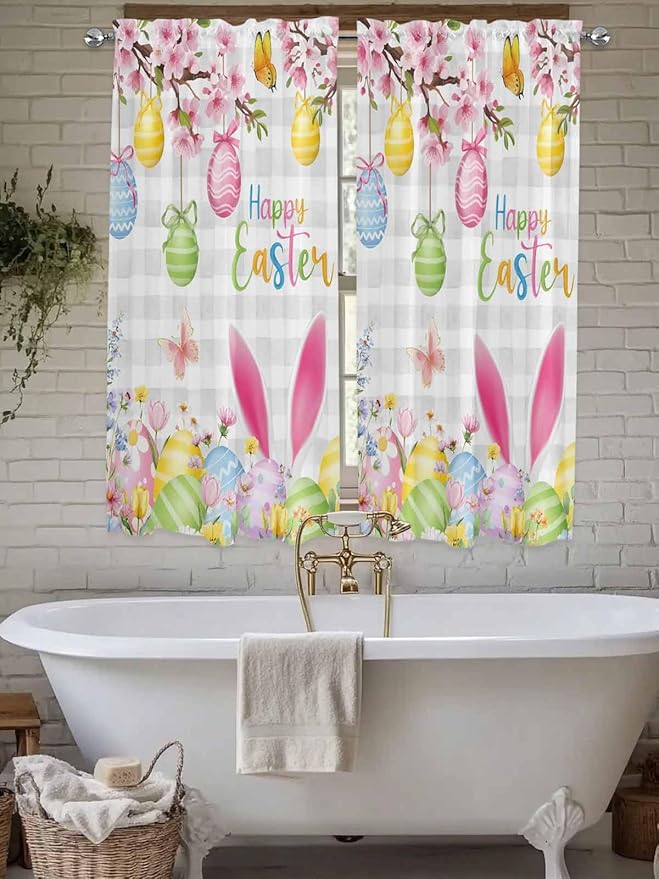 Happy Easter Living Room Curtains 72 Inches length, Spring Watercolor Bunny Eggs Flower Grey Plaid Window Treatment Curtain Drapes, Light Filtering Drapes for Bedroom Laundry Room, 52"x72", 2 Panels