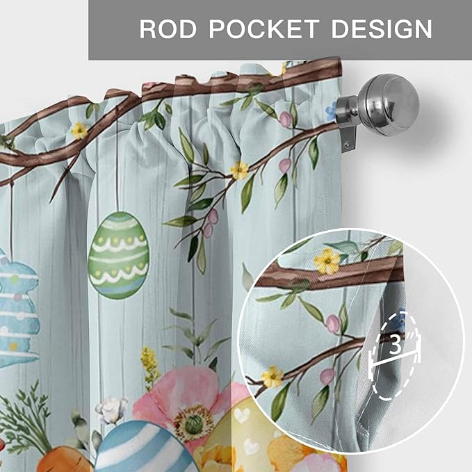 Easter Bunny Curtain Valances for Windows, Kitchen Valance Window Treatment, Easter Eggs Spring Farmhouse Wood Grain Teal Blue Light Filter Block Curtains for Bathroom/Bedroom/Living Room 60'' x 18''