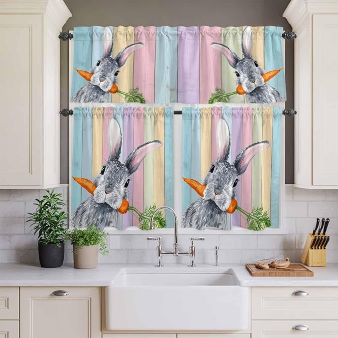 Easter Kitchen Curtain Set, Spring Grey Rabbit Carrots Colorful Wooden Plank Window Valance and Tiers 36" Length, Light Filtering Short Curtains Valance for Cafe Bathroom Bedroom 54"x18"