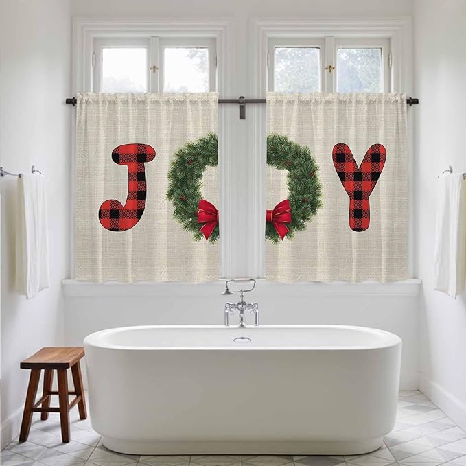 Red Green Christmas Kitchen Curtains 54 Inch Long 2 Panel Set, Rod Pocket Window Curtains Panels, Farmhouse Xmas Botanical Winter Light Filtering Privacy Draperies for Bedroom Laundry 42"W x 54"L
