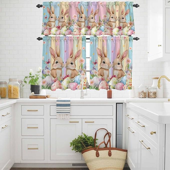 Easter Kitchen Curtains Set 3 Piece for Windows, Rod Pocket Valance and Tier Set 24 Inch Length, Spring Bunny Eggs Botanical Floral Wooden Grain Light Filtering Cafe Curtains for Living Room Bathroom