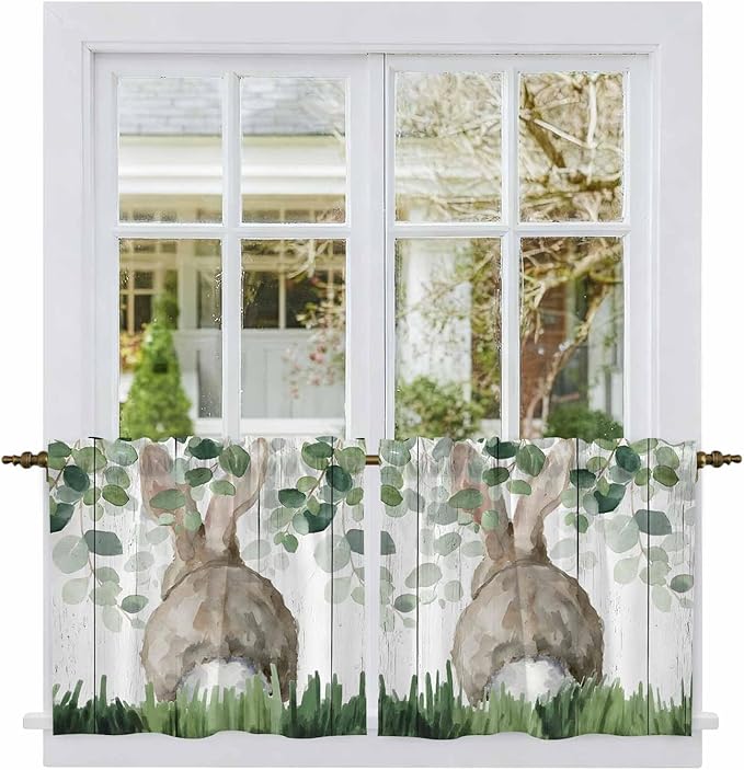 Easter Tier Curtains, Country Rabbit Botanical Leaves Wooden Grain Light Filtering Kitchen Curtains, 2Pcs Rod Pocket Half Window Treatments Panels for Sink Cafe Cabinet Camper 27.5x24 Inches