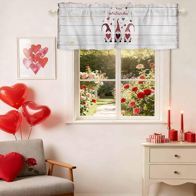Happy Valentine's Valance Curtains for Kitchen, Day Gnomes Love Heart on Rustic Wood Grain Privacy Rod Pocket Valance Curtain, Light-Filtering Window Treatment for Bedroom Bathroom, 42"x18"
