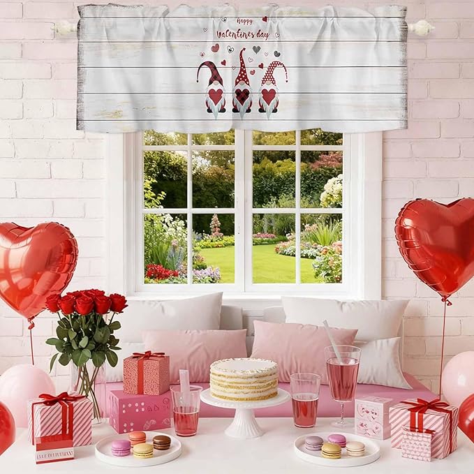 Happy Valentine's Valance Curtains for Kitchen, Day Gnomes Love Heart on Rustic Wood Grain Privacy Rod Pocket Valance Curtain, Light-Filtering Window Treatment for Bedroom Bathroom, 42"x12"