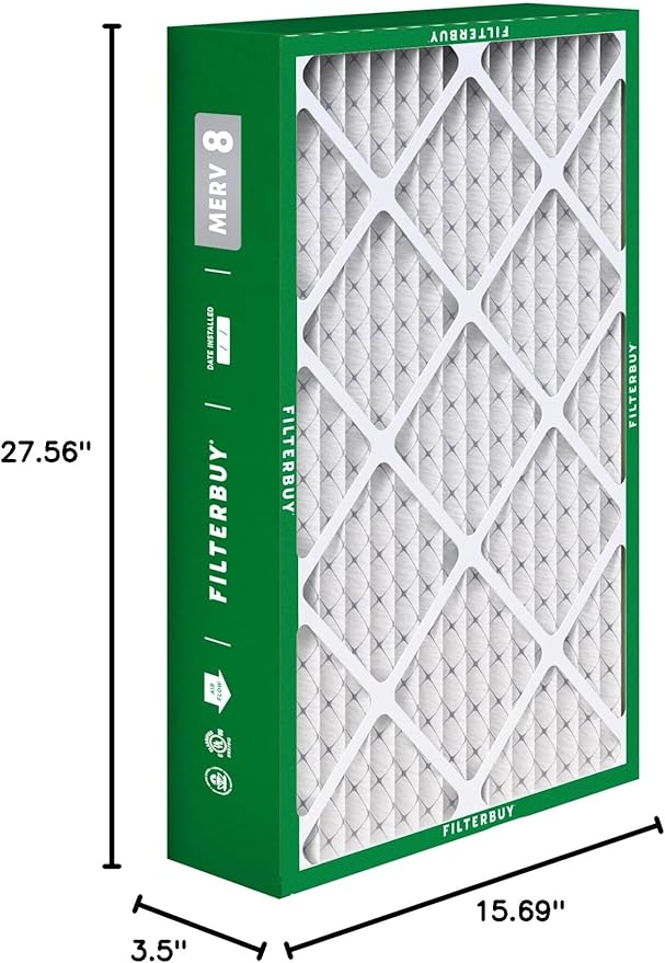 Filterbuy 15.75x27.63x3.50 Air Filter MERV 8 Essential Dust & Allergy Defense (4-Pack), Pleated HVAC AC Furnace Filters for AprilAire Space-Gard 104 & 2140 (Actual Size: 15.69 x 27.56 x 3.50)