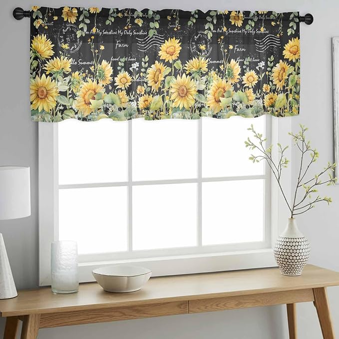 Summer Floral Sheer Valance Curtains, Watercolor Sunflower Eucalyptus Leaves Letter Print Light Filtering Kitchen Valances Rod Pocket Voile Curtain Treatment for Bedroom/Living Room/Basement 60Wx18L
